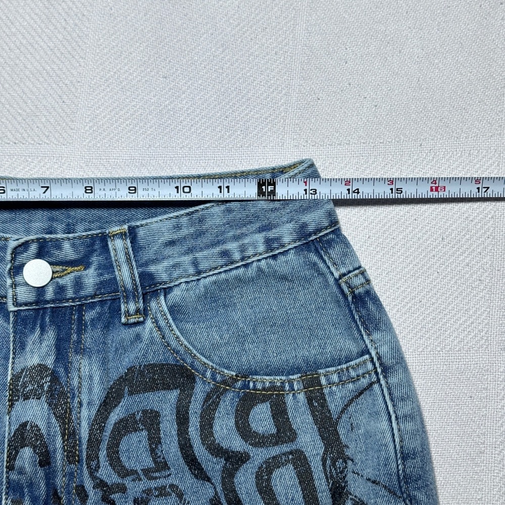 Romwe Wide Leg Jeans Womens Medium 6 Skeleton Skull Oni Demon Print Blue Denim - Picture 10 of 15